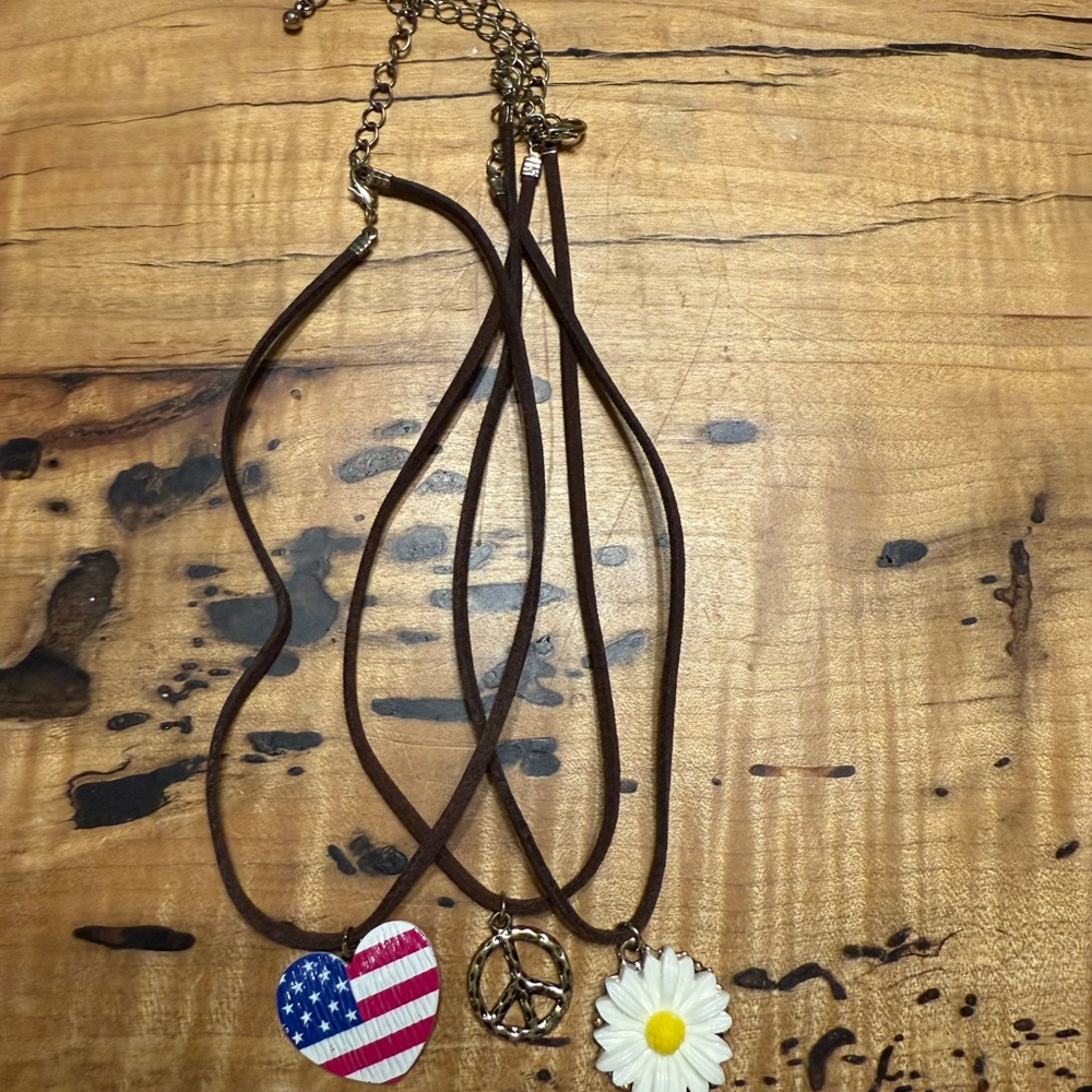 Brown Leather Necklace Set with Heart, Peace, and Daisy Charms